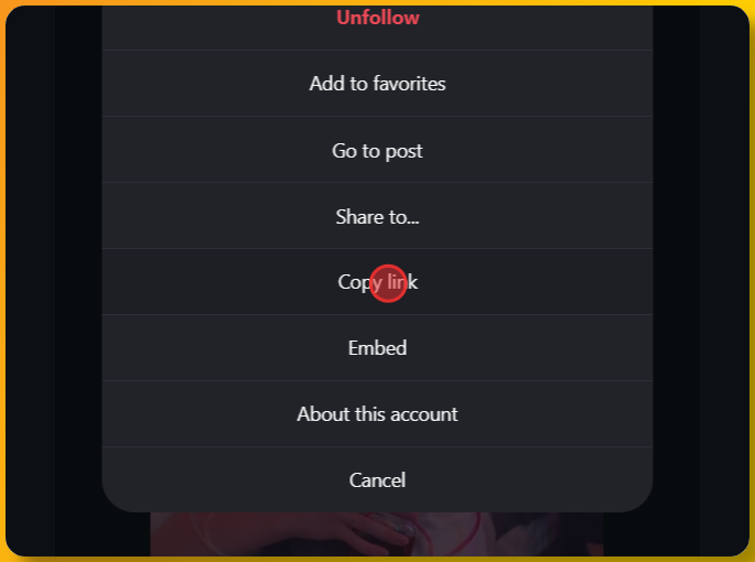 Screenshot showing how to click the Copy link button from the Instagram post menu - this copies the post URL to your clipboard